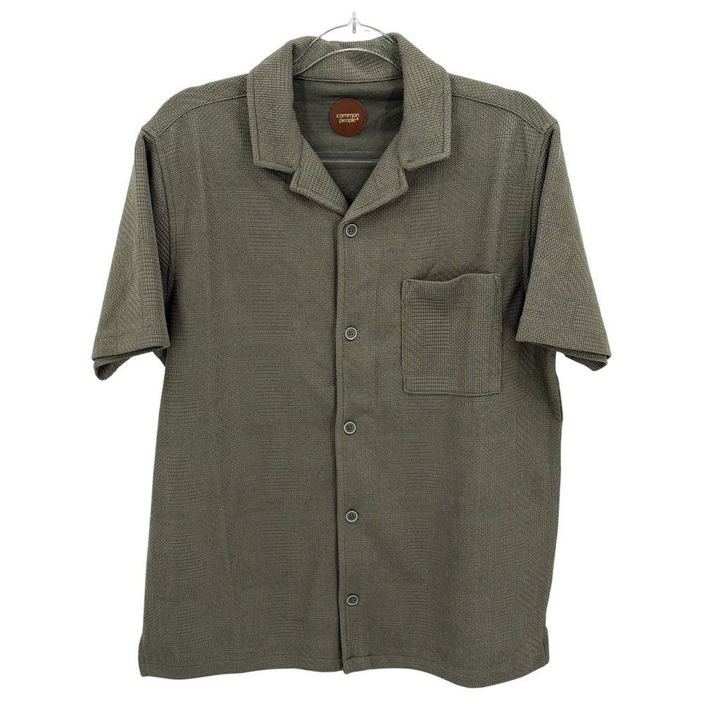 Common People Shirt Mens Medium Green Gray Button Up Short Sleeve Casual Staple